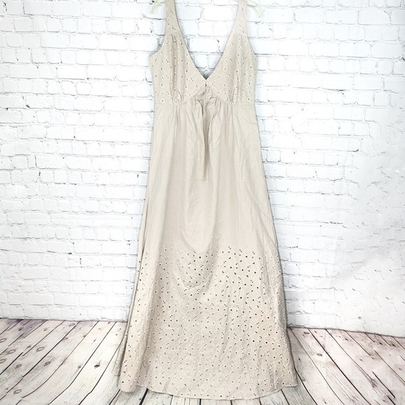 EUC-BYTIMO Lux Designer NordStorm Cutwork Eyelet Cotton Deep V Neck Maxi Dress S